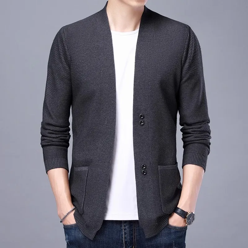 

Autumn Winter Knitted Cardigan Men Fashion Slim Fit Sweater outerwear Mens Solid Color V Neck Casual Korean Knit Cardigan Man