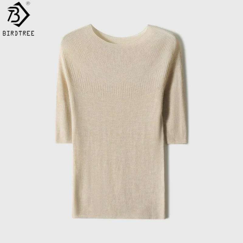 Birdtree, 100% Sheep Wool Solid Tshirt, O-neck Half Sleeve Tops, Women's Knitted Slim Seamless Shirt, 2026 Autumn New T67529JF