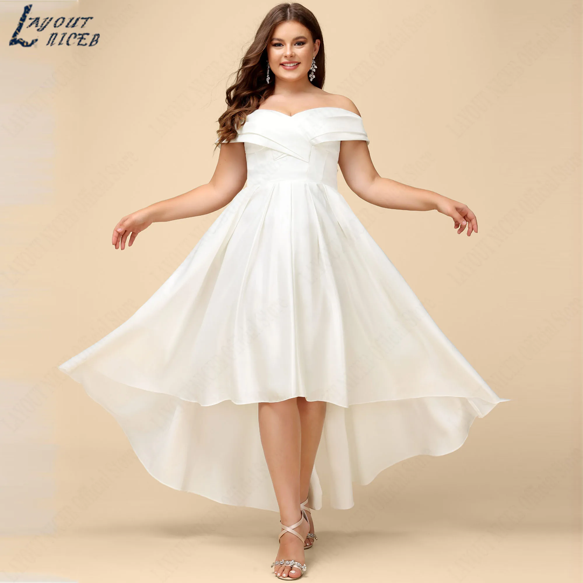 Minimalist Plus Size Bride Party Gown Asymmetrical A-line Off Shoulder Satin Wedding Dress with Bow Backless vestidos Customized