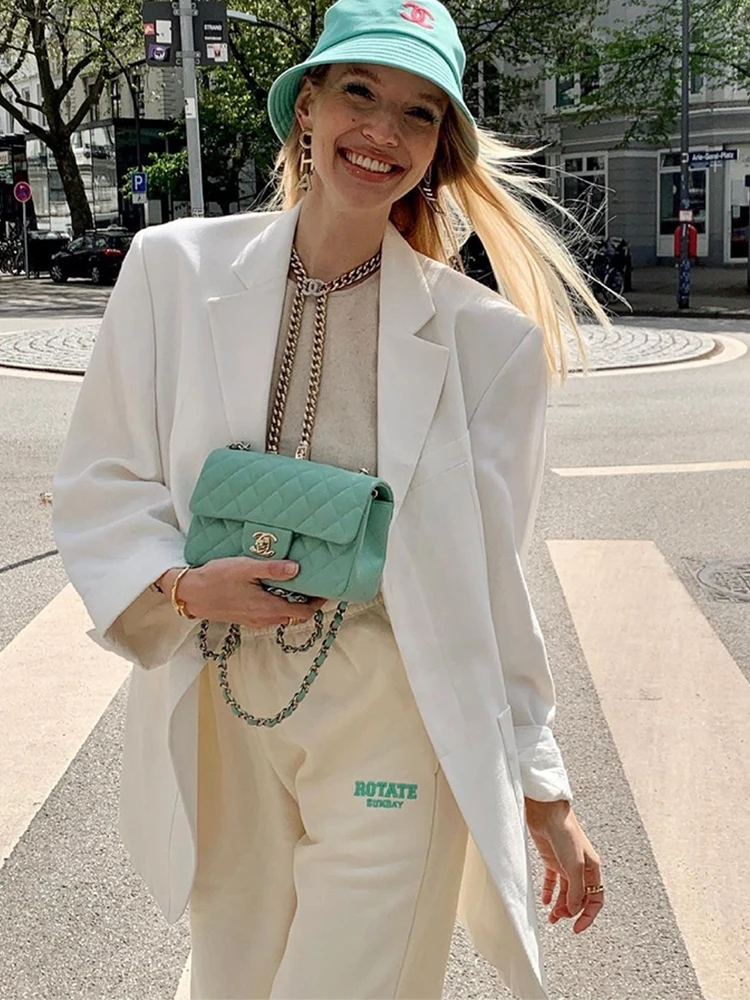 

Fashionable White Midi Suit Jacket Women Loose Silhouette Spring Autumn Street Style Long Sleeve Classic Collar One Button