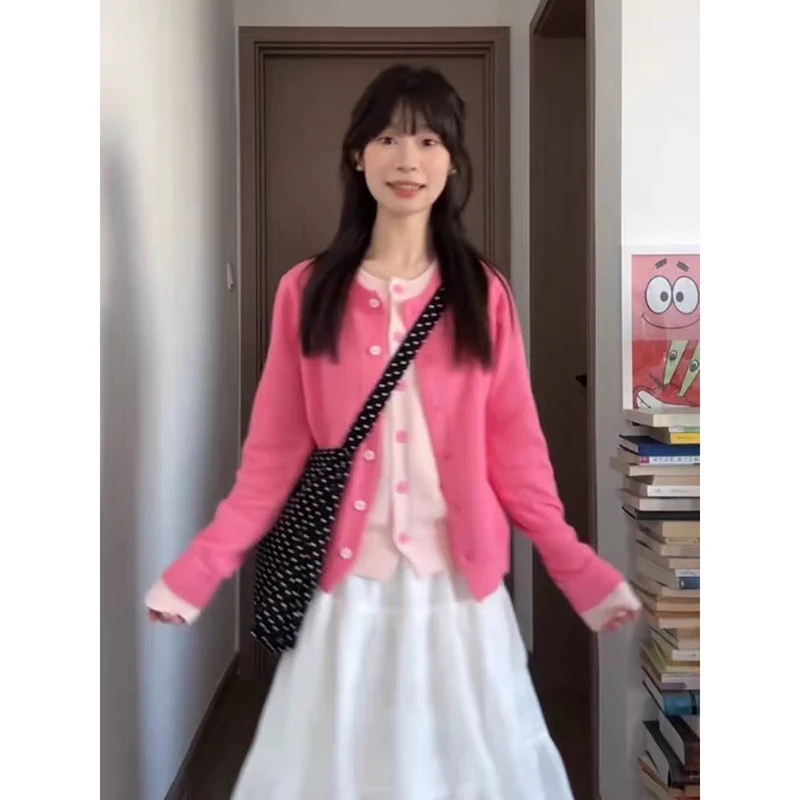 YIBASHU 여성용 핑크 카디건 스웨터 아메리칸 빈티지 2000년대 Y2k 점퍼 니트웨어 긴 소매 오버사이즈 스웨터 가을 옷