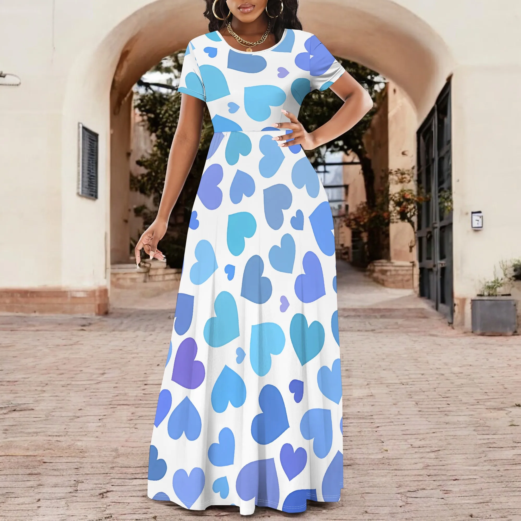 

Nupusa Heart Print Dress for Women Standard Size Summer Casual Crew Neck Short Sleeve Maxi Dress