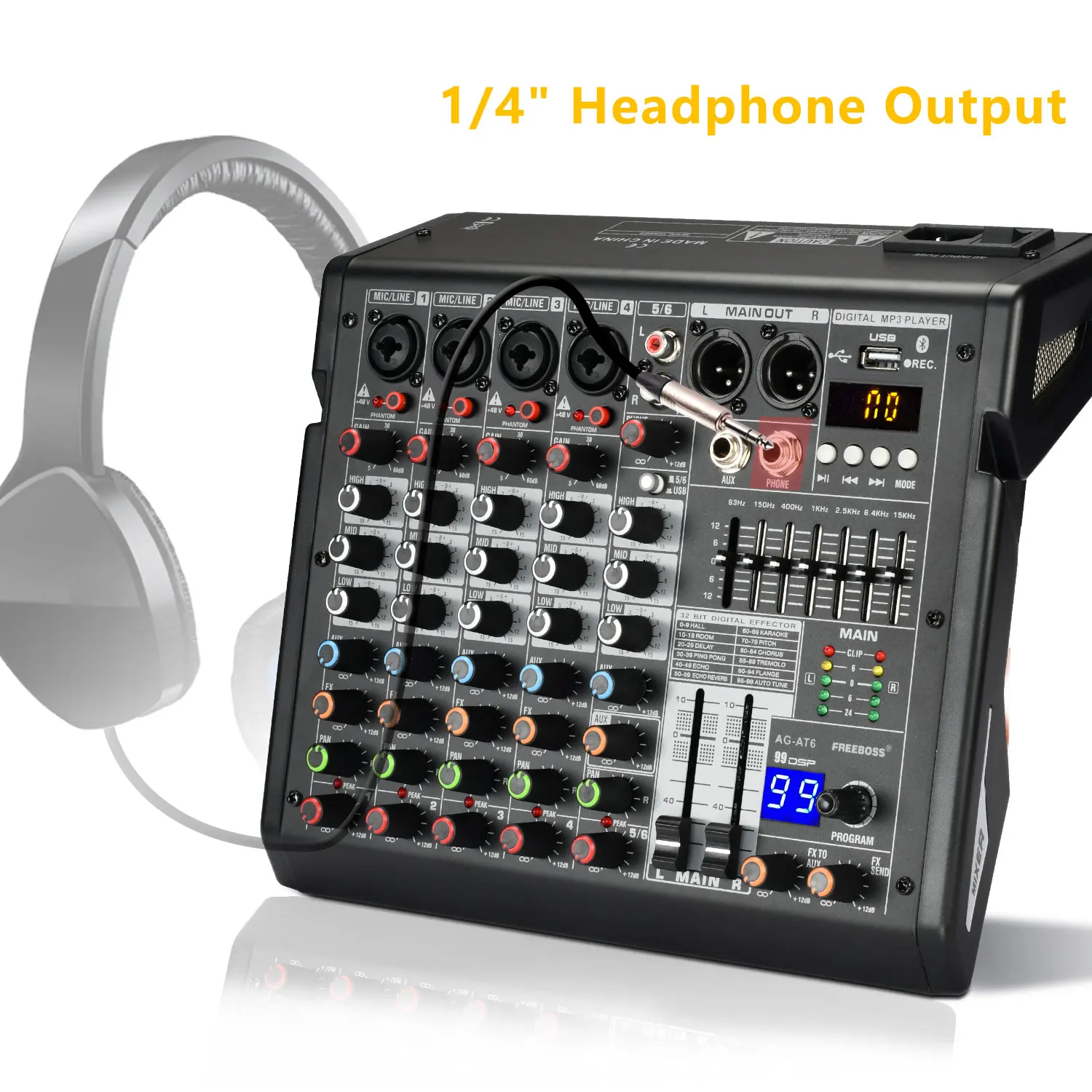 Imagem -05 - Channel Sound Mixer Band eq 48v Bluetooth Usb pc Record Console de Mistura de Áudio Karaoke 99 Dsp para Rádio Igreja Ag-at6 Use Boss6