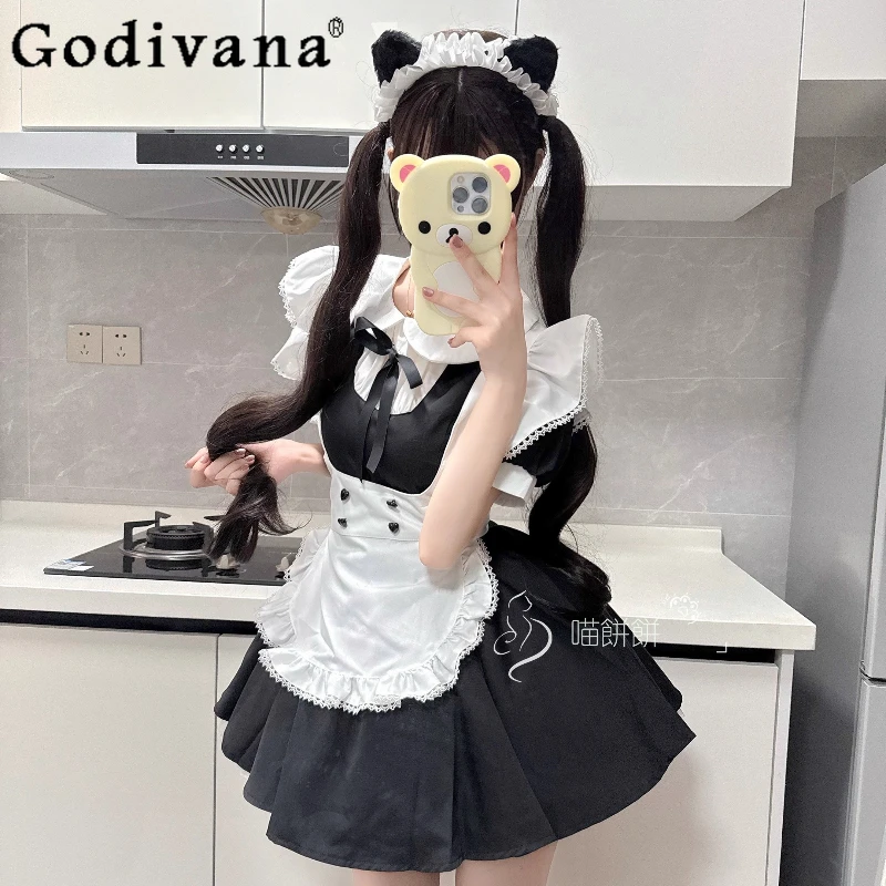 

Japanese Maid Cos Cute Girl Black White Lolita Dresses Spring Summer New High Waist A-line Versatile Age-reducing Princess Dress