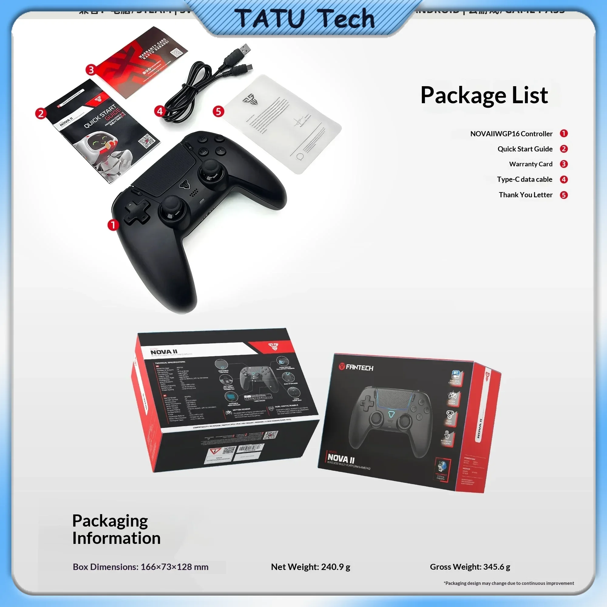 FANTECH WGP16II NOVA II ワイヤレスゲームコントローラー、ホール効果ジョイスティック、Bluetoothゲームパッド。PC、Steam、iPad、Android、iOSに対応。
