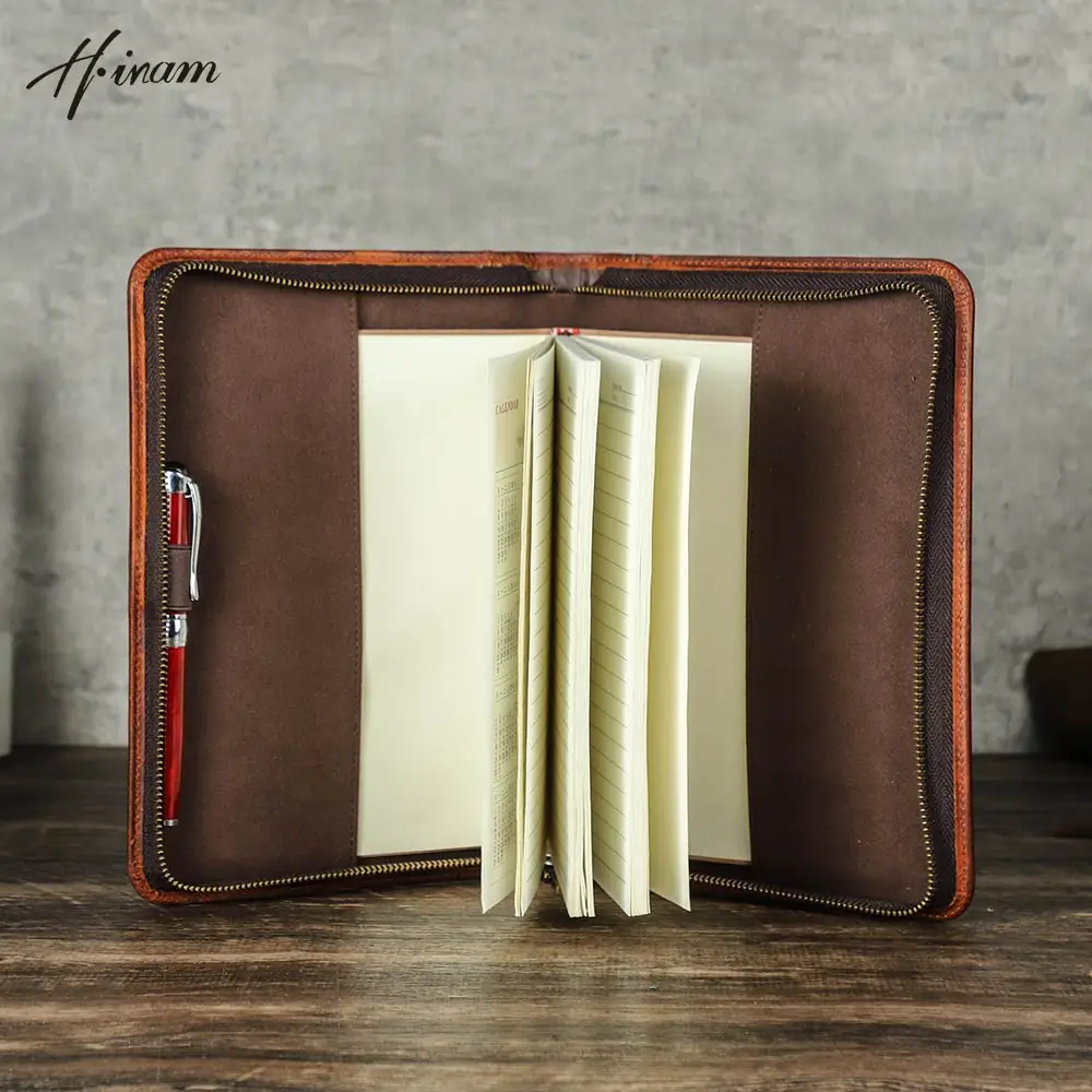 Retro Genuine Leather Zipper Clutch A5 Book Cover Journal Office Diary Travel Notebook Cover Case Protector Sleeve for School