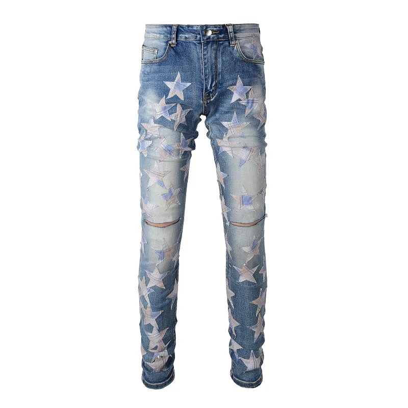 Best Sellers Men's Distressed Streetwear Light Blue Denim Pants Stars Patchwork Holes Ripped Jeans Pants