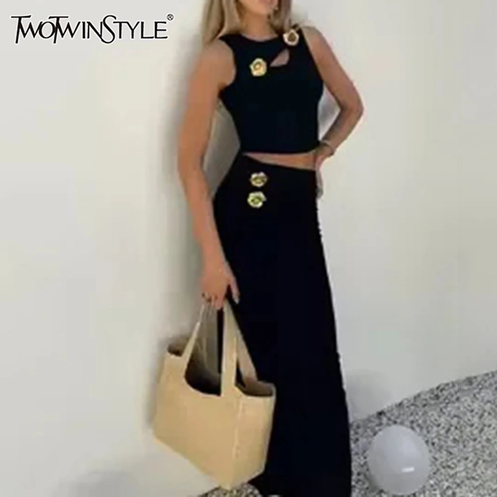 

TWOTWINSTYLE комплект из двух предметов с аппликацией для женщин, топ без рукавов с круглым вырезом и высокой талией, утягивающие юбки, женские комплекты