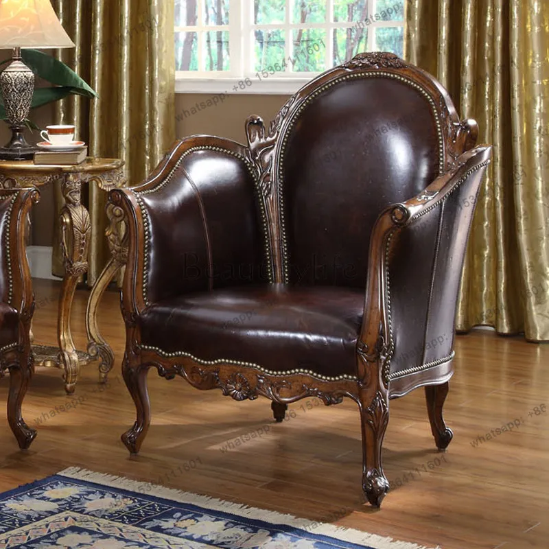 

European-style all-solid wood home double cowhide sofa leather chair villa furniture living room armchair customization