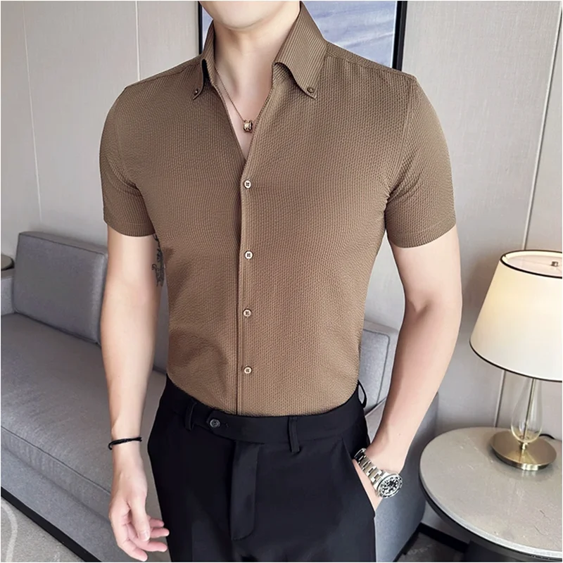 Summer Ice Silk Thin Bubble Waffle V-Neck Shirt Mens Short Sleeve Stand-Up Neck Business Social Party Shirt Men's Clothing 4XL-M