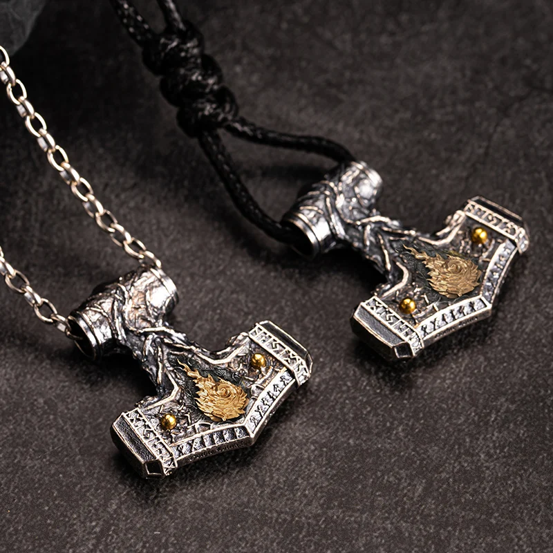 

Norse Flamestrike 925 Silver Necklace Thor Hammer Pendant Viking Amulet Jewelry