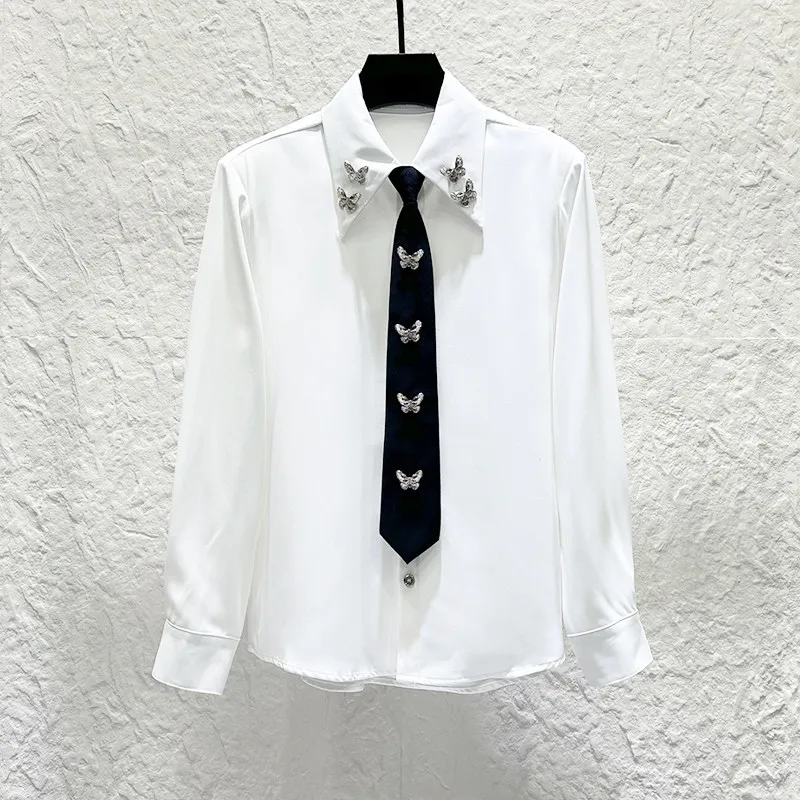 Metal Butterfly Decorative Tie Shirt Men's College Style Casual Versatile Long Sleeved Shirt Social Stage Performance Costume