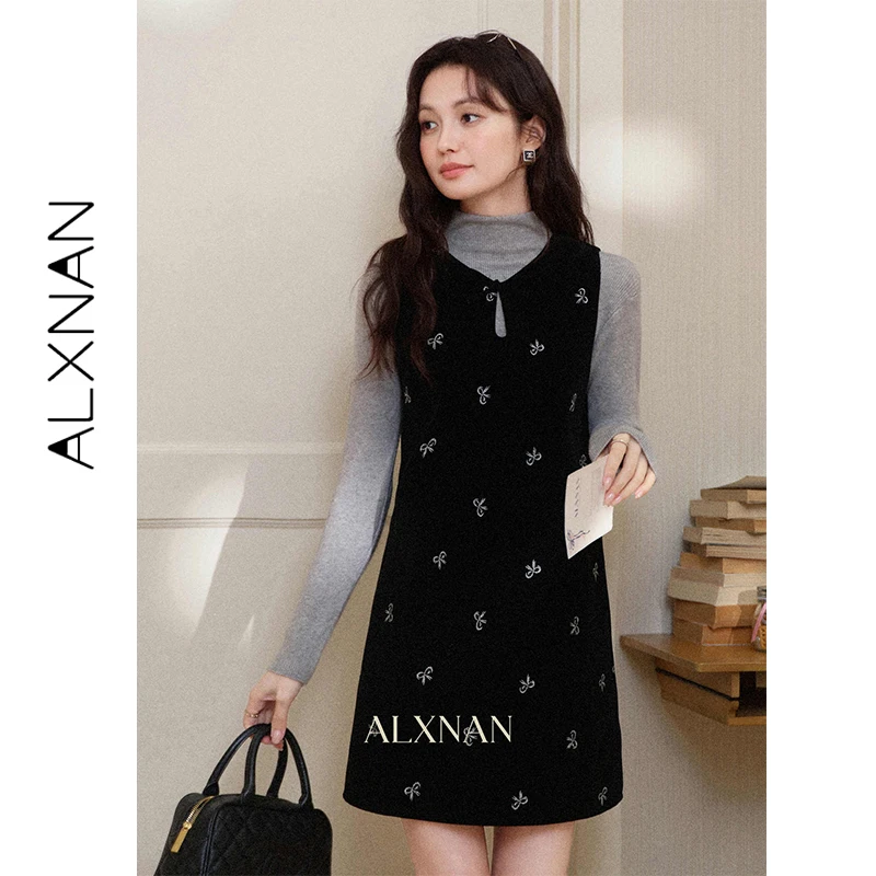 

ALXNAN Women's Black Sleeveless Midi Dress Autumn Winter Vintage Design Elegant Bow Embroidery Straight Party Dresses L60061