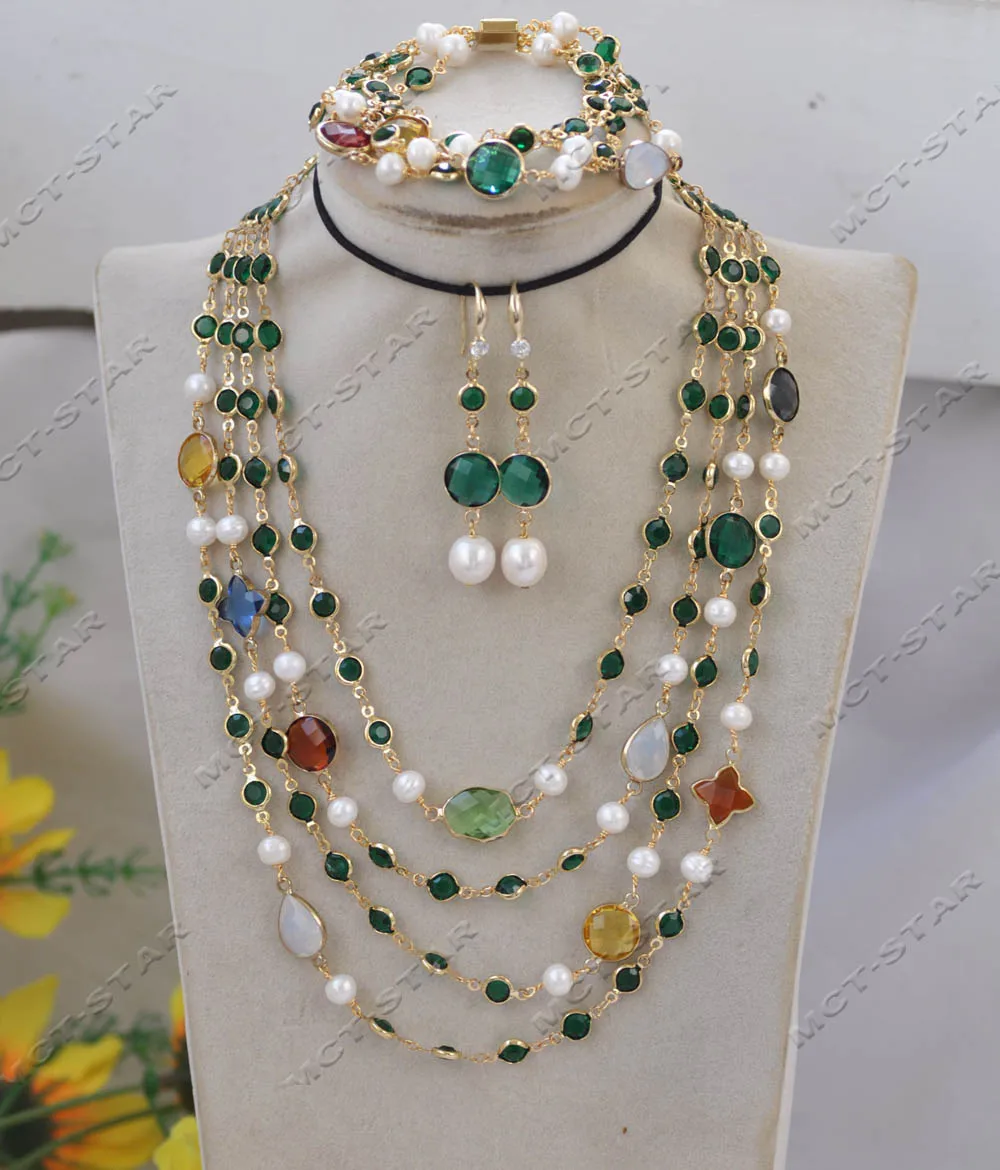 Z13089 4Row Set Green CZ White Round Pearl Multicolor Crystal Necklace Bracelet Earring view 2