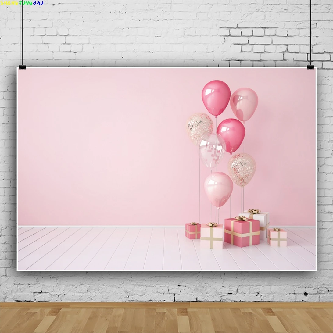 Rosa Luftballons Neugeborenen Baby Geburtstag Party Fotografie Hintergrund Foto Studio Holzboden Baby Portrait Box Geschenk Hintergrund