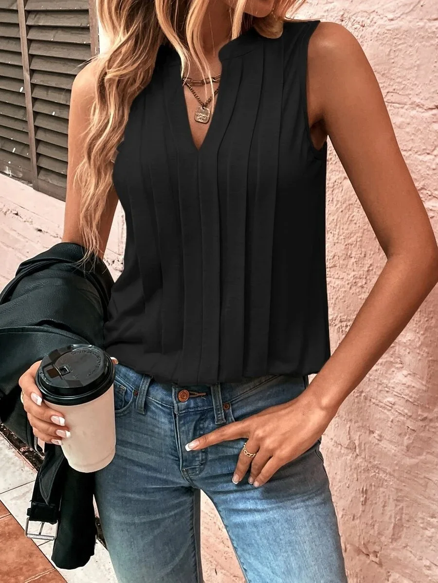 Women\'s Blouse 2024 Summer Fashion Elegant Ruffled Solid Sleeveless Shirts Vest Y2K Casual Streetwear V-Neck Sexy Slim Tank Tops