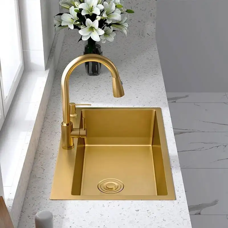 

Gold Kitchen Sink Above Counter or Undermount Single Bowl 304 Stainless Steel Goldn Basket Drainer Soap Dispenser Washing Basin