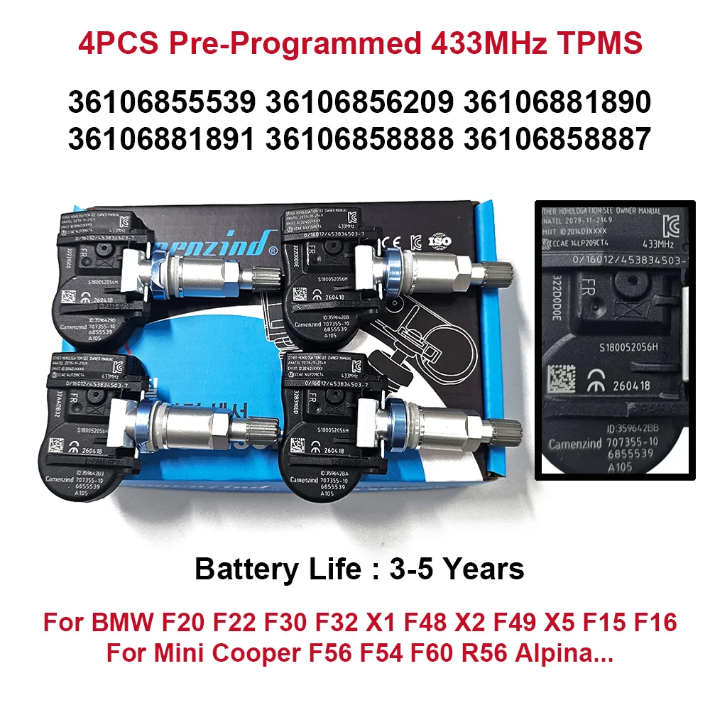 4x Czujniki Ciśnienia w Oponach TPMS 36106855539 36106856209 36106881890 36106881891 36106858888 36106858887 707355-10 6881890 6855539 6856209 Do BMW F20 F22 F30 F32 X1 F48 X2 F49 X5 F15 F16 Mini