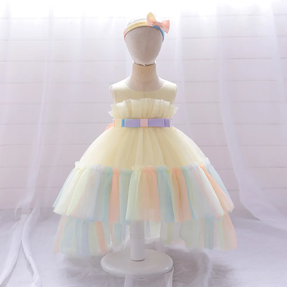 Fluffy Bow Baby Trailing Girl Dresses Tulle Wedding 1st Birthday Party Vestidos Kids Evening Gown Pink Princess Dress for Girls