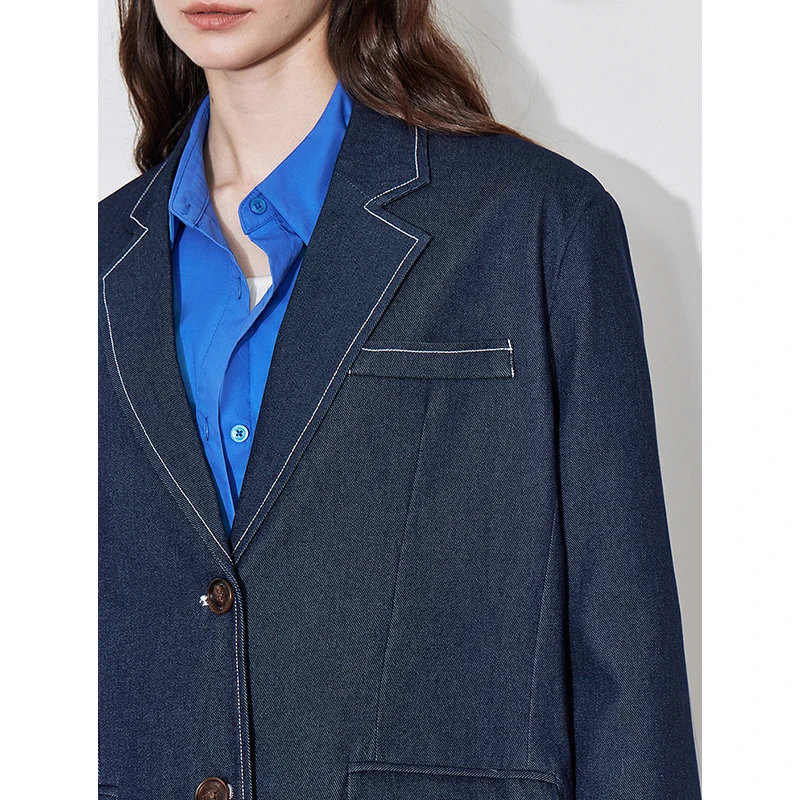 TOYOUTH Women Blazer 2024 Autumn New Fake Denim Lapel Collar Long Sleeve Oversize Suit Jacket Navy