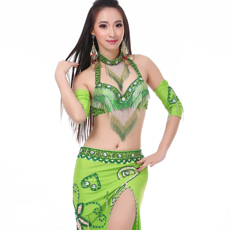 Women Sexy Belly Dance Beaded Top Bra Belt 5 pieces Set Belly Dance Costume Outfit Set Female Bollywood Dance Costume 8 Colors