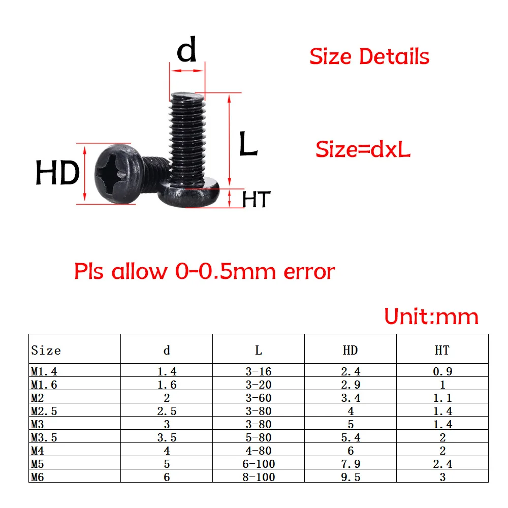 10-100Pcs Black Carbon Steel Phillips Screw Round Pan Cross Head Bolts Small Micro Eyeglass Watch Computer Screws M1.4-M6
