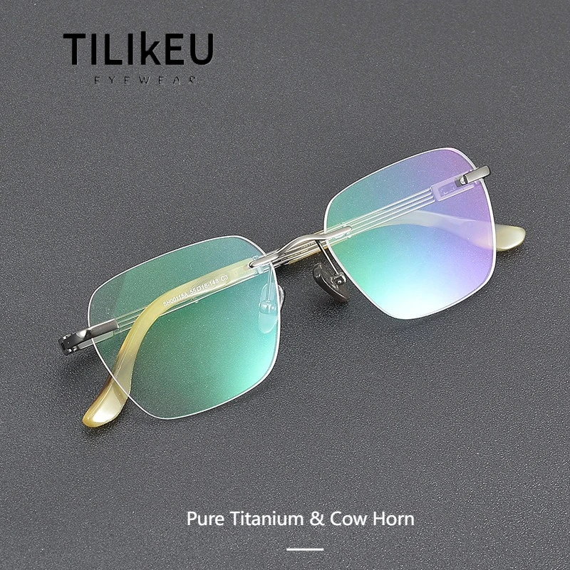 

High-end Business Ox Horn Spectacle 2025 Men Classic Square Pure Titanium Rimless Prescription Eyeglasses None Rim Glasses Gafas