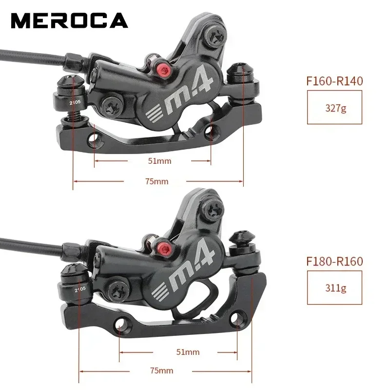 Brakes Meroca 4 Pistons Hydraulic Brakes Mtb Bicycle Brakes Caliper Rotor 160mm Set Mountain Bike 800/1400mm for E4 ZEE M420