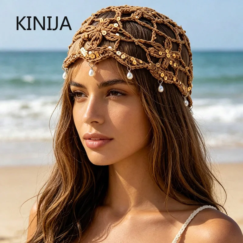 Bohemian Sequined Hollow Flower Knitted Beanies Cap for Women Spring Summer Travel Versatile Retro Pearl Fringed Pullover Hat