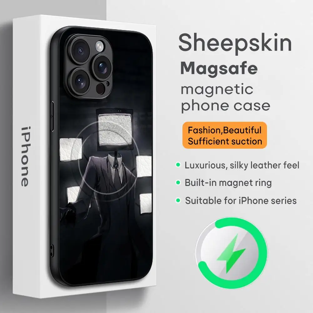 أنيمي Skibidi التلفزيون قضية الهاتف آيفون 16 15 14 13 12 11 زائد برو ماكس الراقية الفاخرة Magsafe جلد الغنم