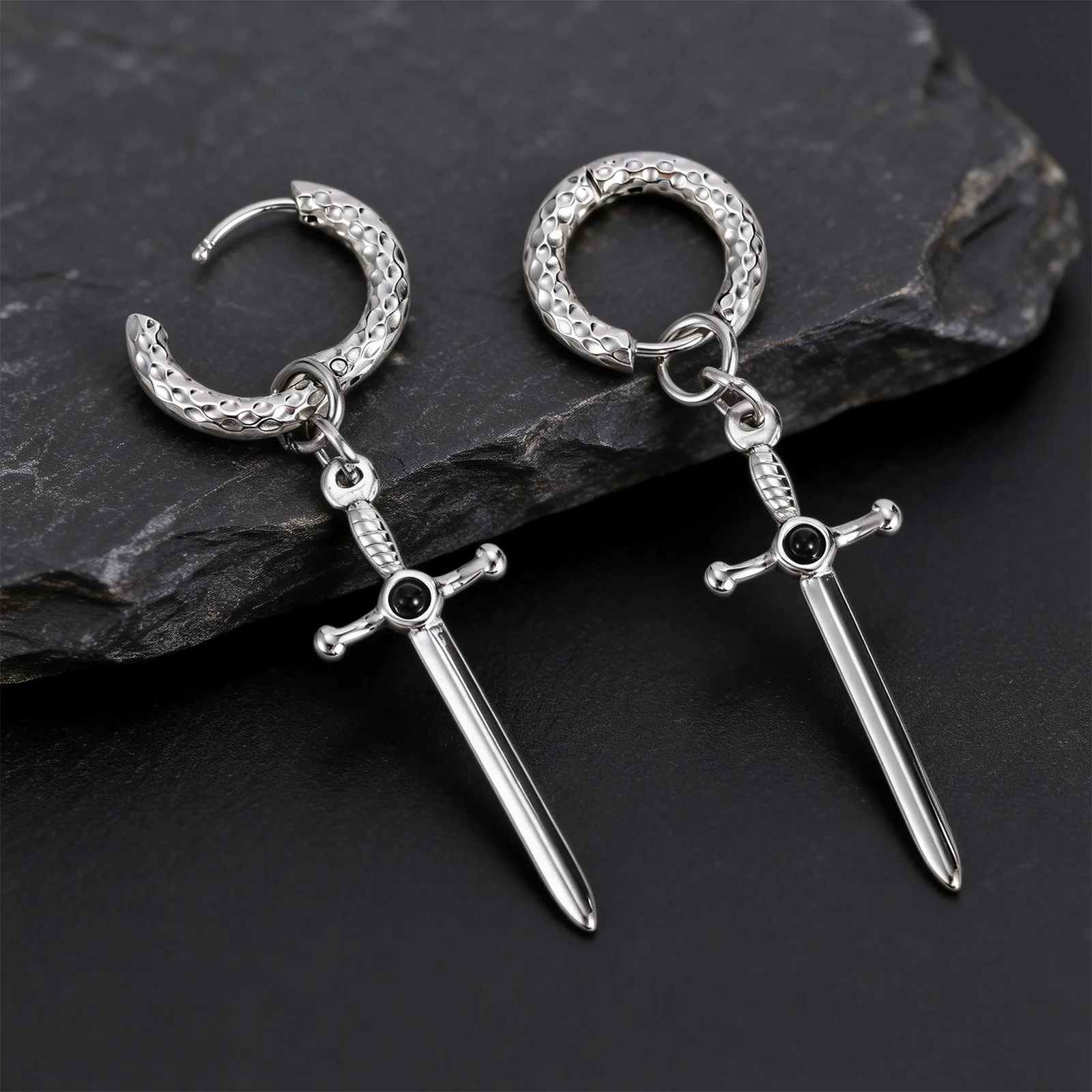 Vnox Stainless Steel Black Onyx Sword Huggie Hoop Earrings Punk Rock Dangle Earring for Men Women Couples Trendy Gothic Jewelry
