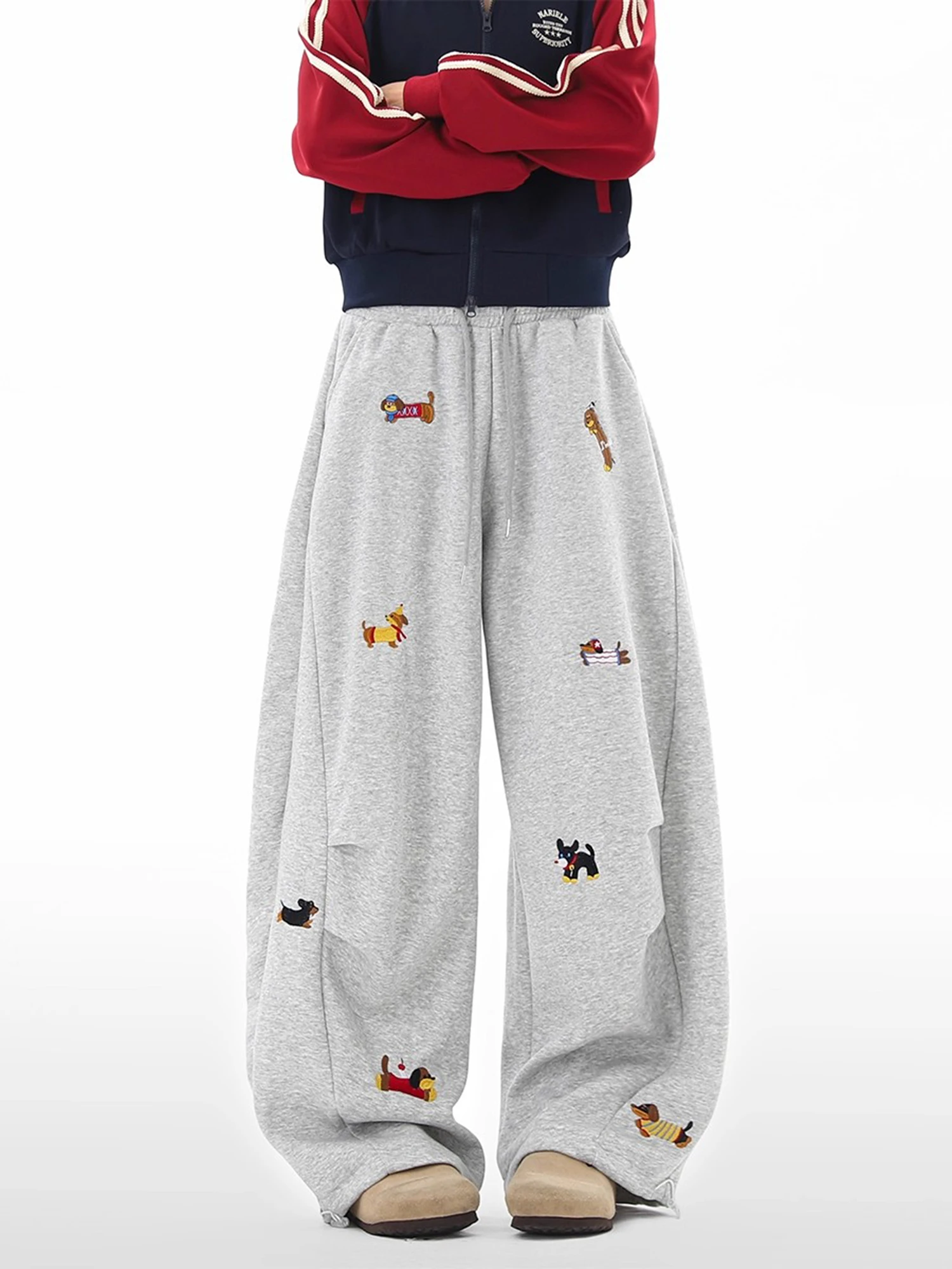 

Спортивные штаны с вышивкой забавной колбасой и собакой, мужские широкие повседневные брюки в американском стиле High Street, модные плиссированные брюки-ножи