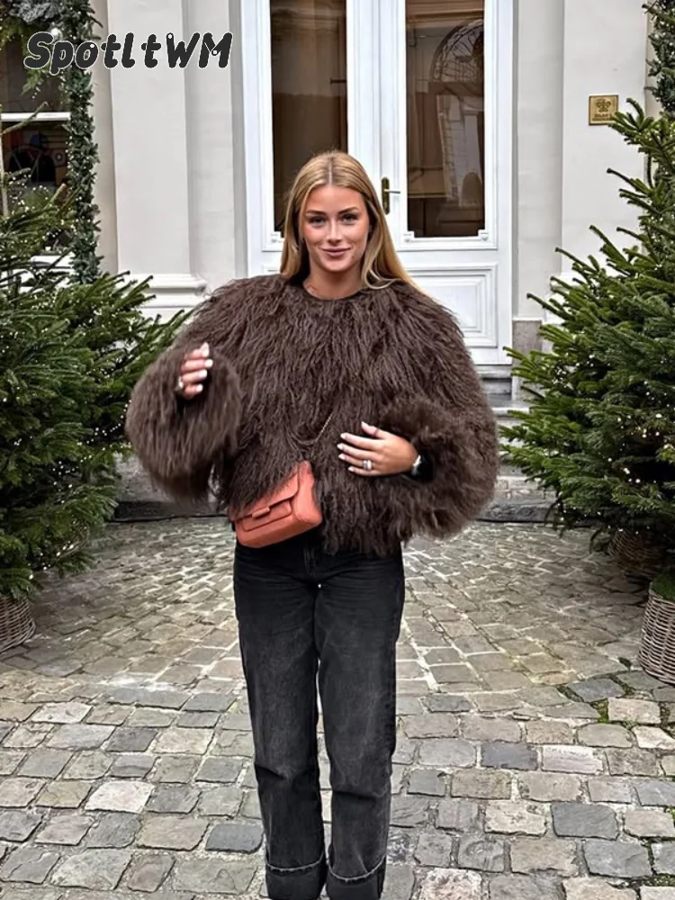 Women Solid Shaggy Faux Fur Coat Open Front Fluffy Curly Fur Short Jacket Winter Warm Loose Fit Fashion Lady Street Outerwear