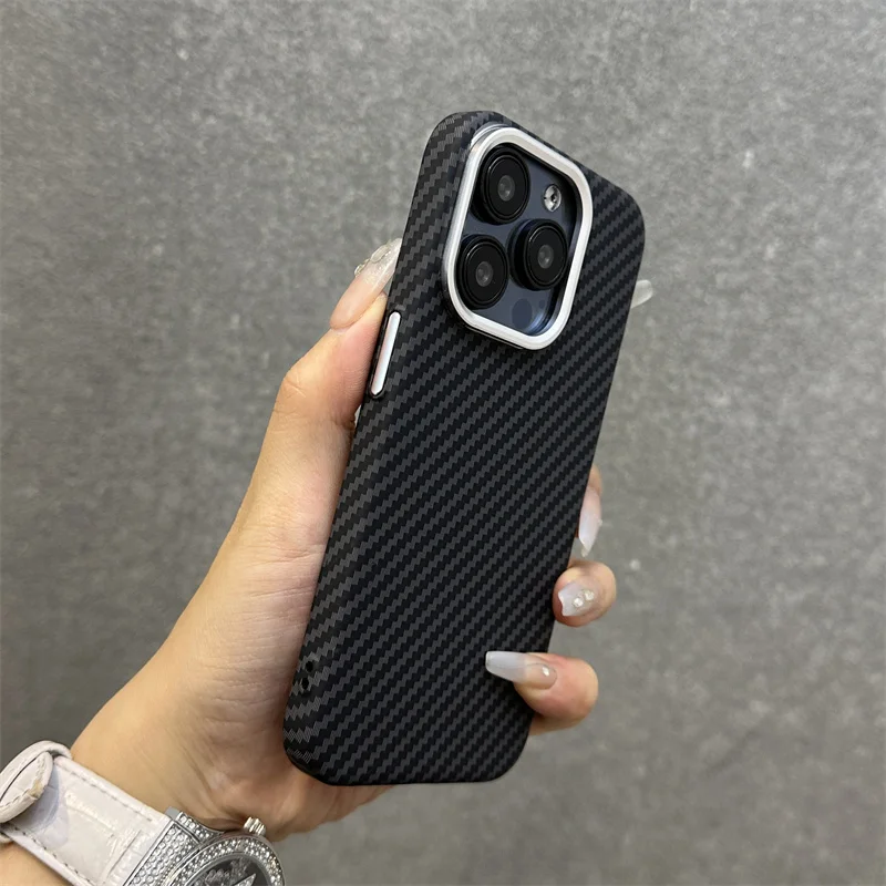 

Luxury Carbon Fiber texture Magsafe case for iphone 15 14pro 13 12 15Pro Max Alloy Lens frame Wireless Charging hard back cover