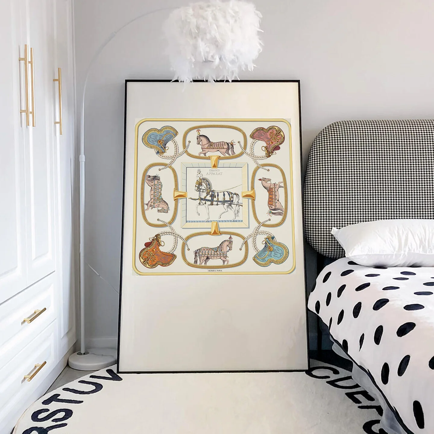 Framed Silk Scarf Wall Art, Vintage Horse Saddle Pattern Silk Fabric Print Painting, Luxury Retro Wall Hanging Decor for Living
