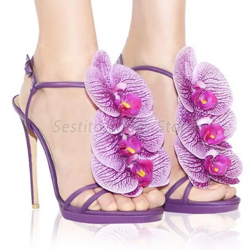 Flower Decor tacchi alti sottili viola Sexy Open Toe cinturino alla caviglia sandali da donna tacchi a spillo Summer Party banchetto scarpe da sposa