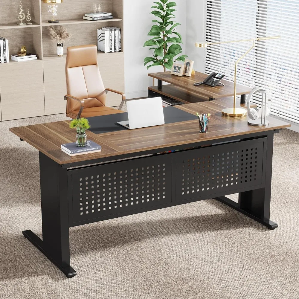 

Large Computer Desk with File Cabinet, with Drawers and Storage Shelves,63 Inch L Shaped Executive Office Desk