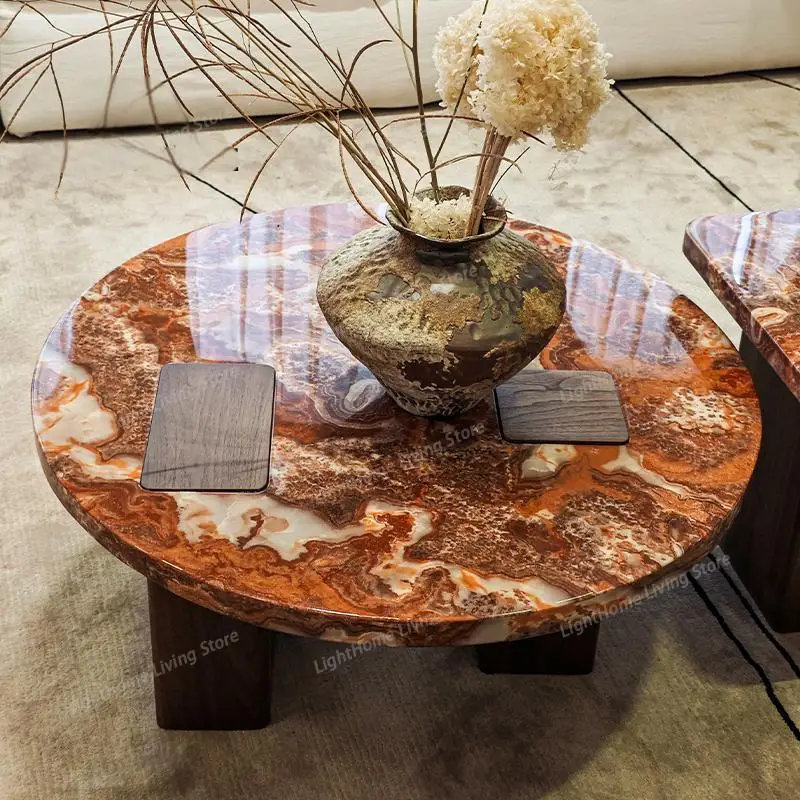 

Italian Luxury Red Dragon Stone Nesting Tables-Designer Round Marble Coffee Set w/ Crimson for Premium Living Room Centerpiece