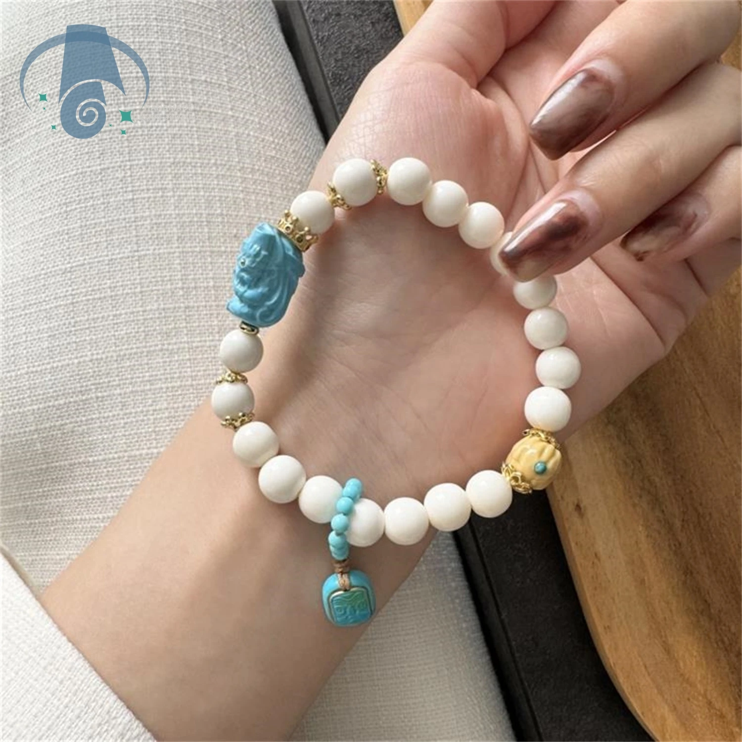 Yoga Meditation Mala Bracelet Handmade from Natural Bovine Bone Beads and Bodhi Seeds with Magnesite Zhaji Goddess Pendant