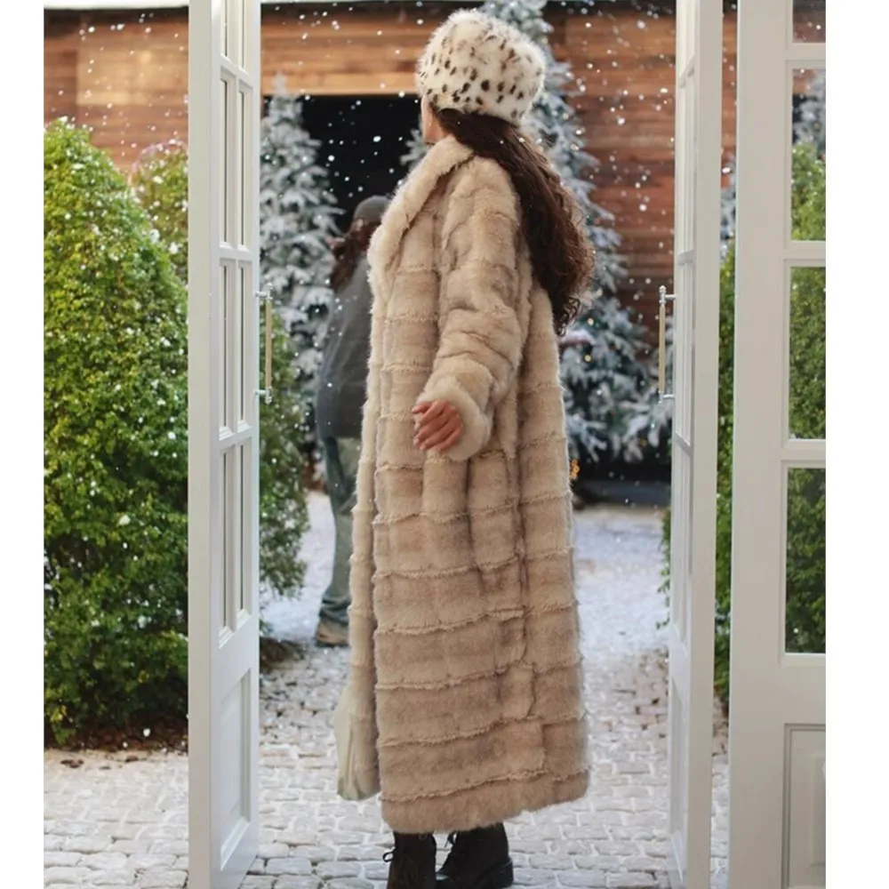 Winter Apricot With Gray Tips Embossing Strip Pattern Soft Mink Faux Fur Coat Women Lapel Full Sleeve Loose Maxi Long Outerwear