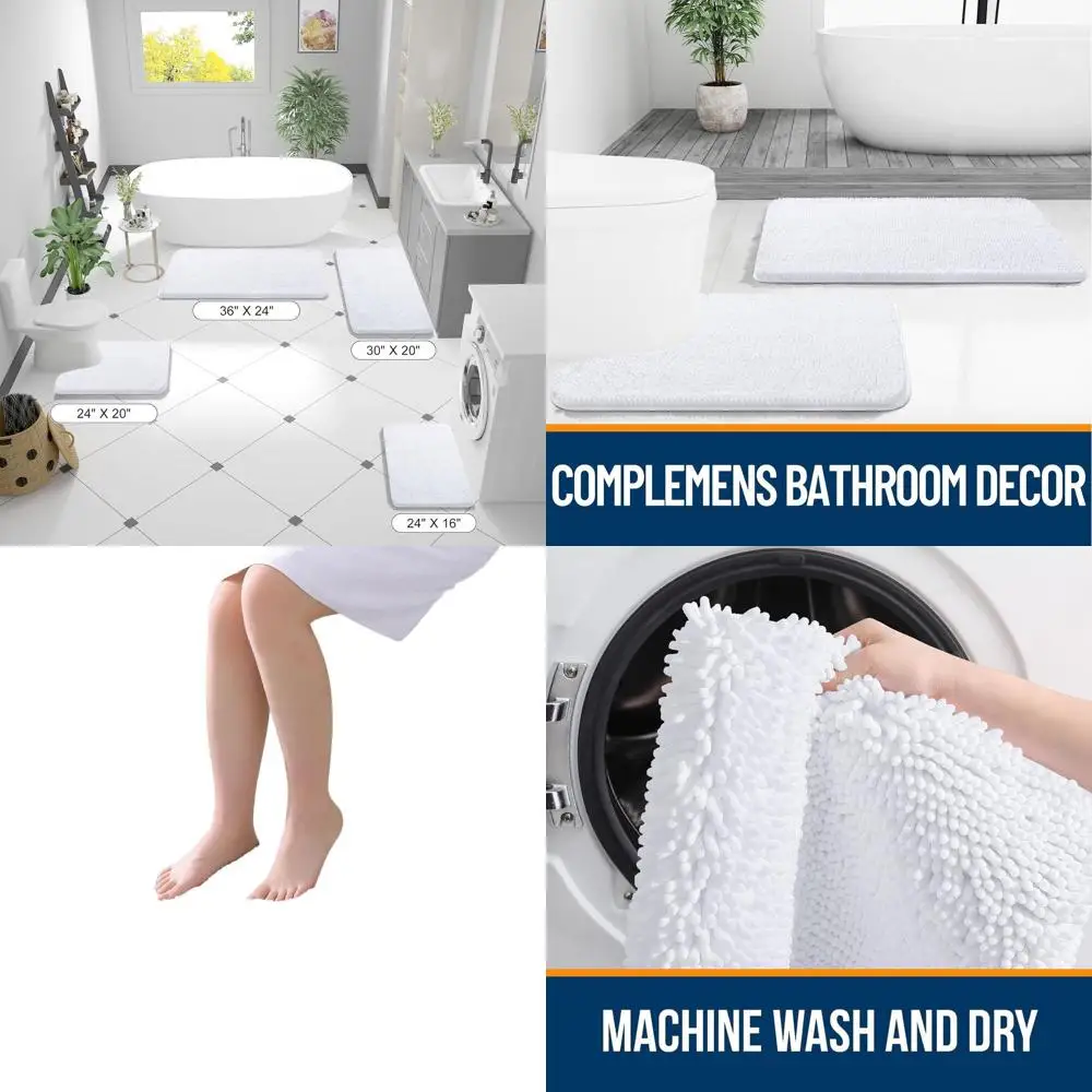 

Soft Chenille Bath Rugs 40x24, Absorbent with Rubber Backing, Quick-Dry, Machine Washable for Bathroom, Tub, Shower, White