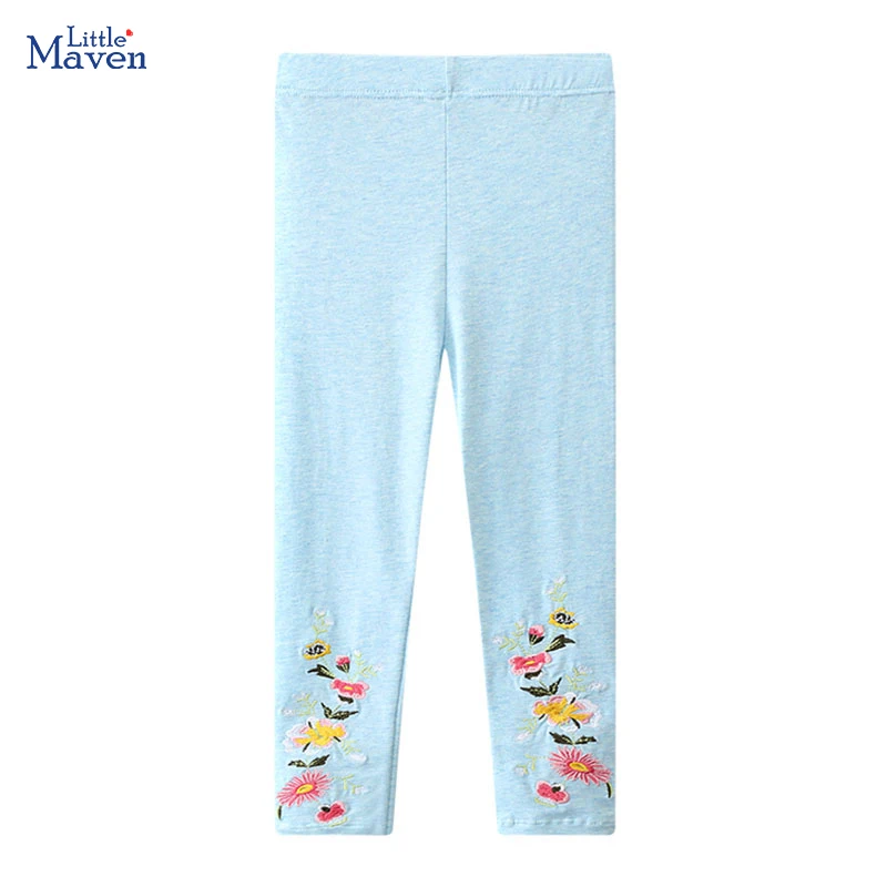 Little maven Baby Girls Blue Leggings Pants Cotton Trousers Kids Clothes Cartoon Embroidery Flowers Children's Clothing Autumn