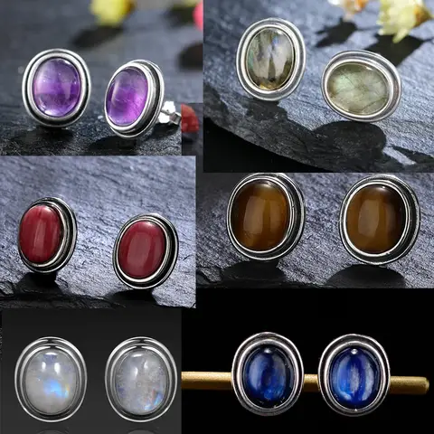 Vintage Natural 8x10MM Amethyst Stud Earring for Women S925 Silver Jewelry Anniversary Engagement Party Gift