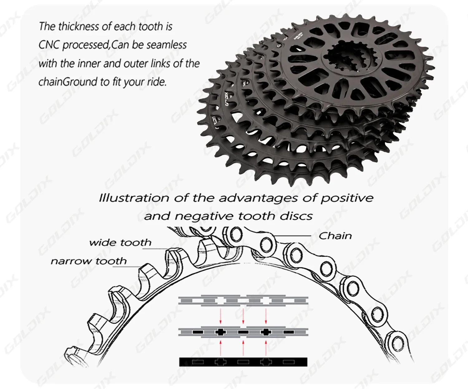 GOLDIX Rennrad-Kurbelgarnitur, 165/170/172,5/175 mm Länge, aus Aluminiumlegierung, geschmiedet, für Fahrräder mit Einzelgang, mit schmalem und breitem Kettenblatt. – Detail 5