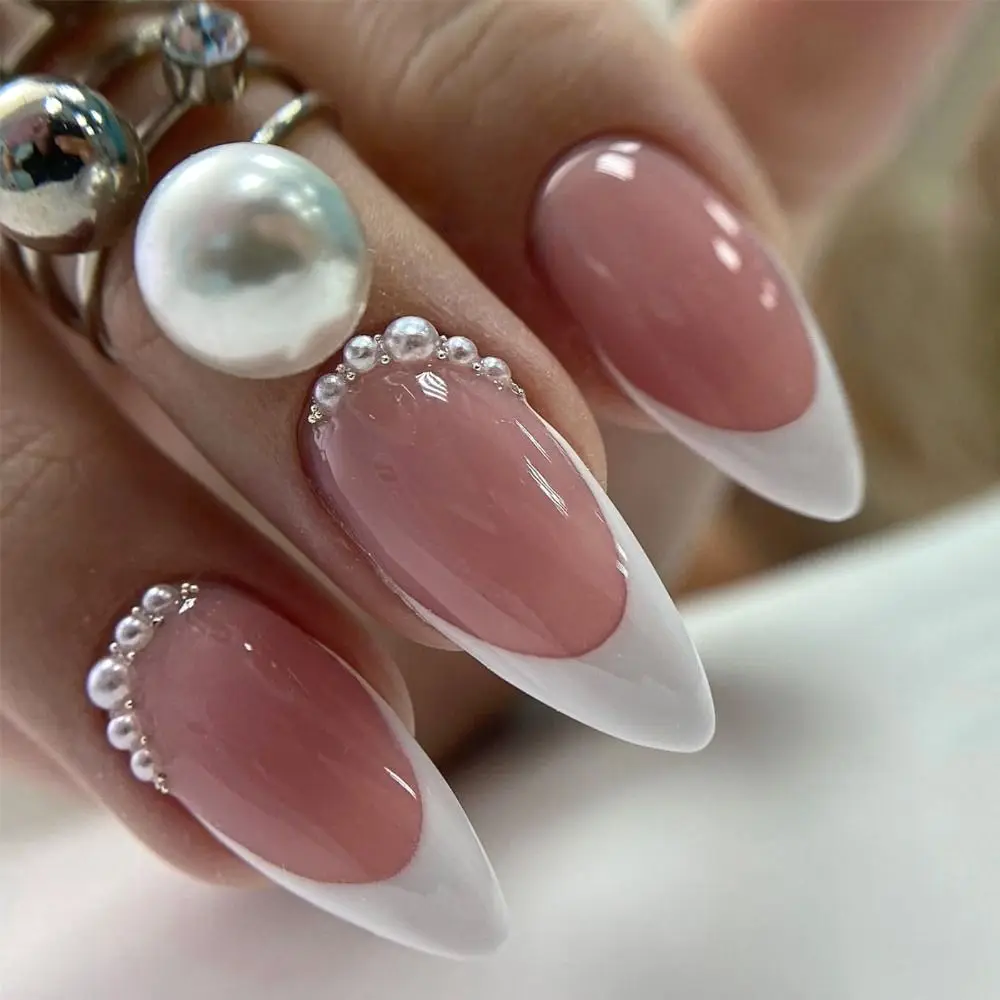 24pcs Long Almond False Nails Simple French With Pearl White Edge Press on Nails Fake Nails DIY Manicure Detachable Nail Tips