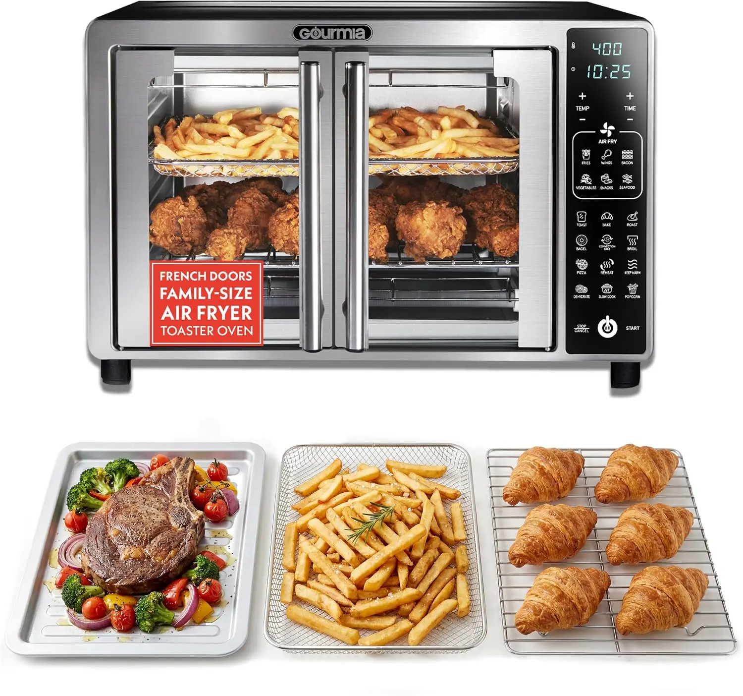 French Door Air Fryer Toaster Oven, Stainless Steel, 6-Slice Capacity, LED Digital Display with 19 Preset Cooking Functions