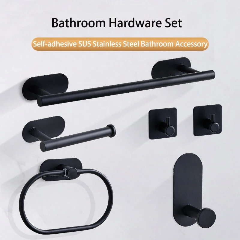 No Drilling Stainless Steel Towel Bar Paper Holder Self-adhesive Towel Ring Robe Hook Matte Black Silver Bathroom Accessory Set