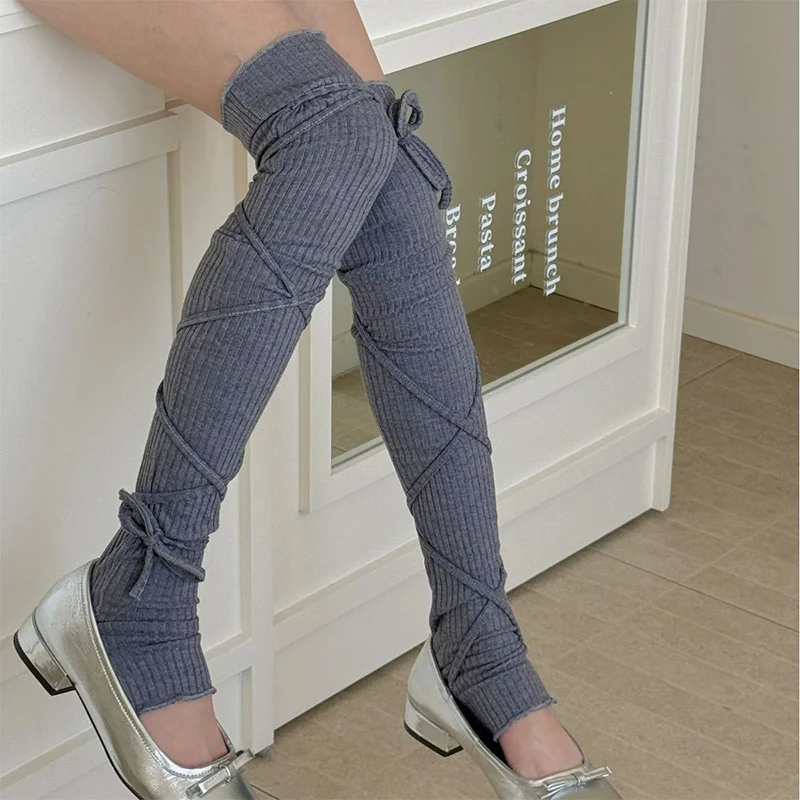 Stoking Tinggi Tali Vertikal Warna Polos Katun Kaus Kaki Paha Nyaman Lembut Sejuk Wanita Sederhana Segar Aksesori Fashion