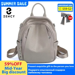 Zency Genuine Leather Backpack For Women Fashion Alligator Rivet Simple Female Shoulder Bag Travel School Book Bag Rucksack