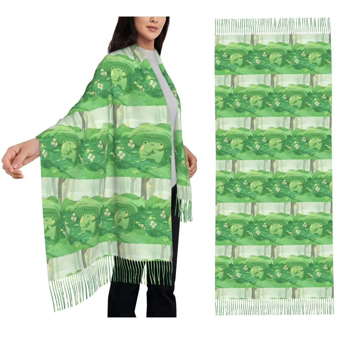 Cute Frog Under Leaf Rain Design Scarf Tassel Scarves for Women Soft Warm Shawls and Wraps Large Fall Winter Shawl Wrap